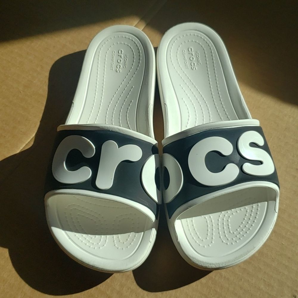 CROCS Black and White Logo Slides Womens 10 Flip Flop